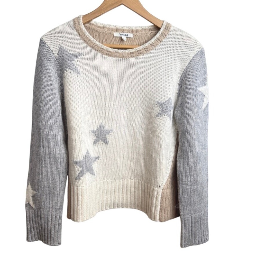 Splendid Women Star Intarsia Colorblock Crewneck Sweater S Grey Tan Earthy Boho